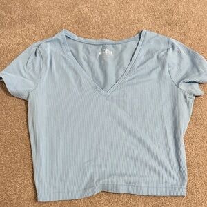 Hollister Women's Light Blue Ribbed V-Neck Tee
